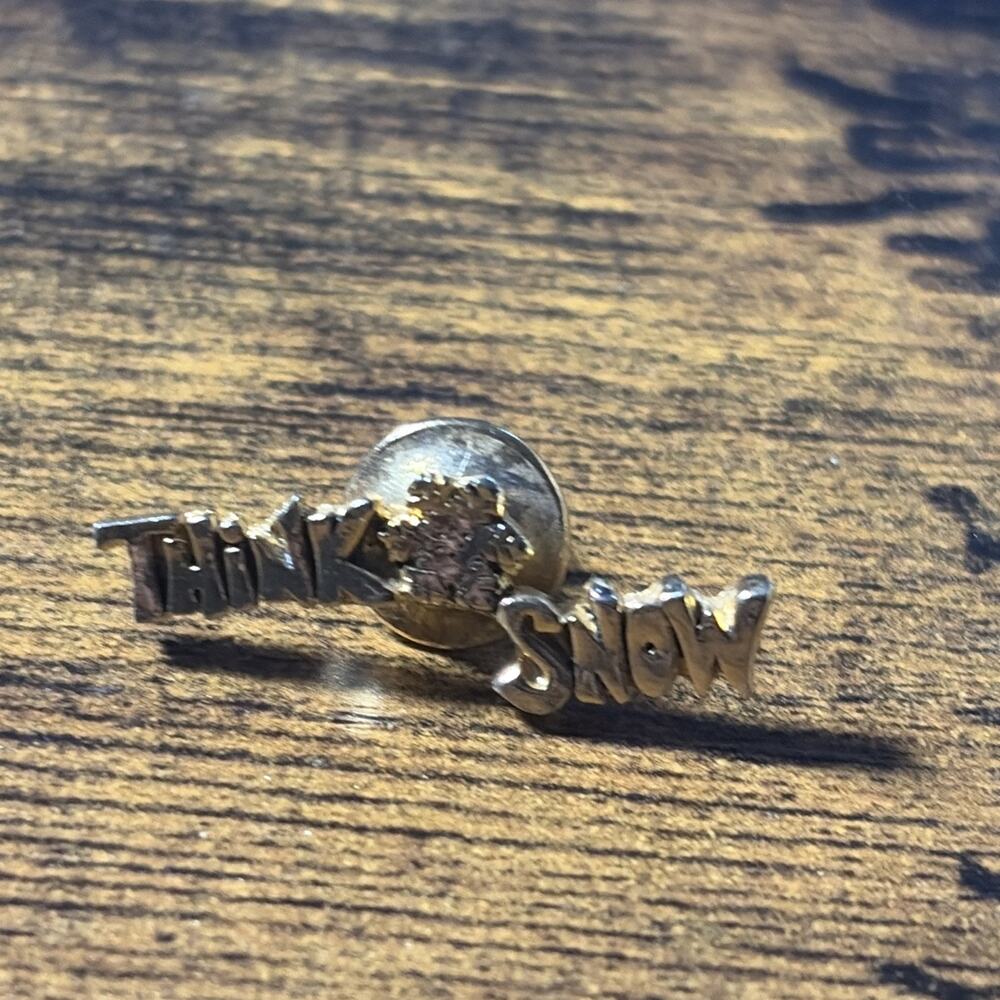 Think Snow Ski Lapel Pin Vintage Gold